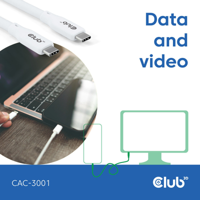 Kabllo USB C në USB C Club3D CAC 2m, 240W, 20Gbps, e bardhë