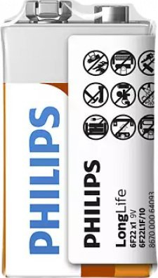 Bateri 9V Philips LongLife 6F22L1F/10, Zinc Chloride, paketë 1 copë, shumëngjyrëshe