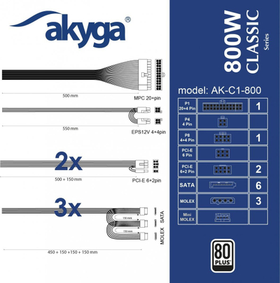 Напојување Akyga AK-C1-800 ATX, 800W