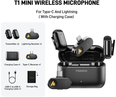 Mikrofon pa tela Maono Wave T1 Mini, USB C dhe Lightning, me kuti karikimi, i zi