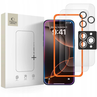 Mbulesë xhami Tech-Protect Easy Set+ për iPhone 16 Pro dhe 17 Pro, set me 3 copë, transparente
