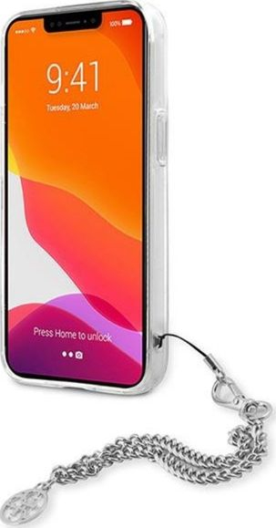 Mbulesë telefoni Guess GUHCP13SKSPESI për iPhone 13 mini, TPU, me zinxhir, ngjyrë argjendtë