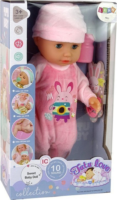 Kukull bebe Leantoys 12401, me tinguj dhe biberon, funksion çnatomie, rozë
