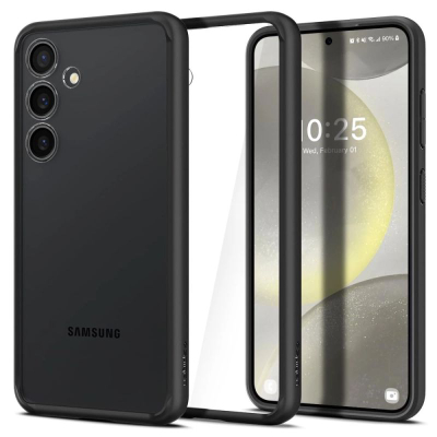 Kllëf telefoni Spigen Ultra Hybrid për Samsung Galaxy S24, pasme xham e pastër, kornizë matte, ngjyrë e zezë
