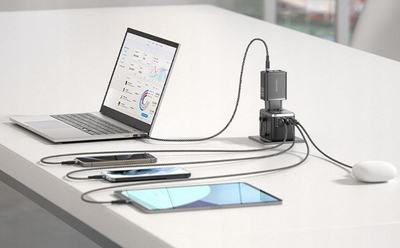 Adapter universal udhëtimi Vention GaN, 4 porta USB C dhe A, 65W, i zi