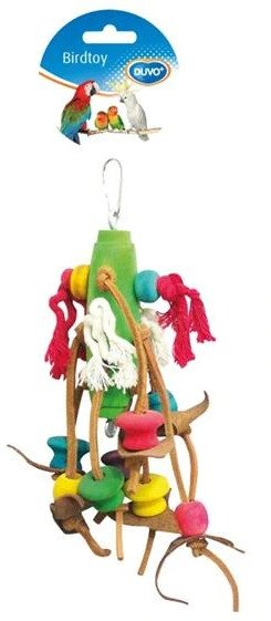 Играчка за птици Duvoplus Rope, со дрвени коцки, со кожни ремчиња, шарена