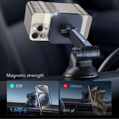 Mbajtëse telefoni për makinë ESR Halolock magnetike MagSafe Qi2, karikim wireless 15W, e zezë