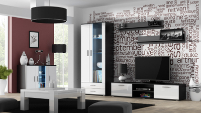 Vitrinë dhome dite Cama SOHO S6 2D2S, me dyer xhami dhe dy sirtarë, black white gloss