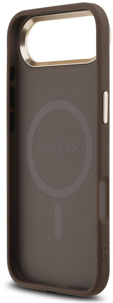 Mbulesë telefoni Guess 4G Magsafe për iPhone 17 Pro, lëkurë PU, kornizë metalike ari, kafe