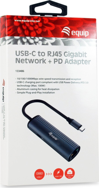 Адаптер мрежен Equip USB-C во RJ45, Gigabit Ethernet, Power Delivery, сив