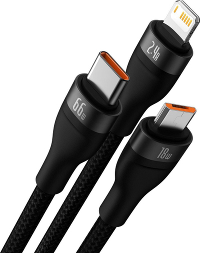 Kabllo karikimi Baseus 3‑në‑1 USB, 66W, 1.2m, e zezë