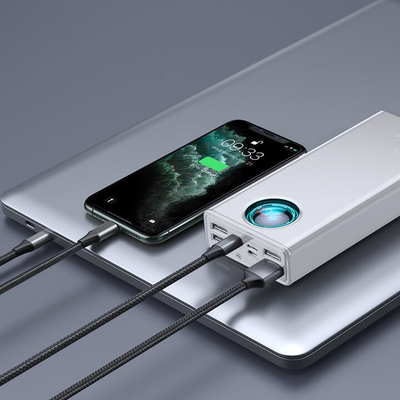 Powerbank me ekran dixhital Baseus Ambilight Overseas Edition, 30000mAh, QC, i zi + kabllo USB-C 100W, 1m, i bardhë