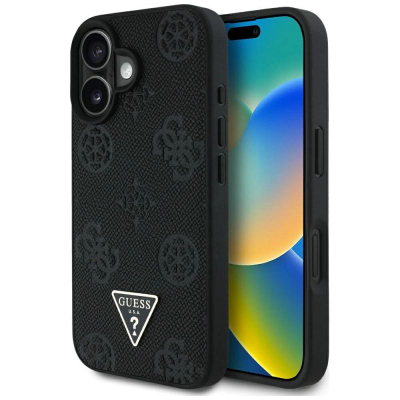 Футрола Guess Grained Hot Stamp Peony, MagSafe, за iPhone 16 6.1", црна