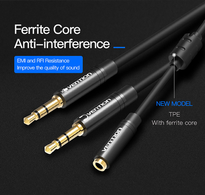 Kabllo splitter audio Vention, 2x 3.5mm në 3.5mm 4-Pole, 0.3m, e zezë