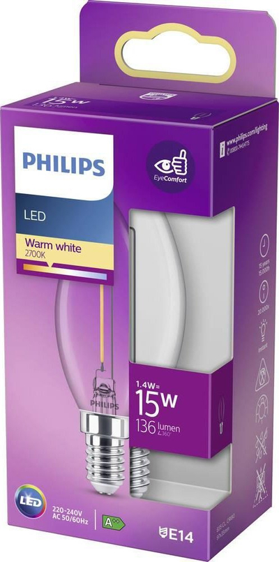 Llambë LED Philips Classic Candle E14 B35, 1.4W, transparente