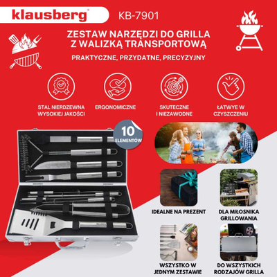 Set aksesorësh për barbeque Klausberg KB 7901, 11 copë, me doreza të rehatshme, me kuti për ta marrë me vete