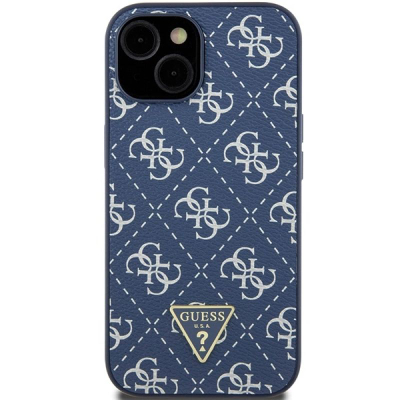 Husë Guess 4G Triangle Metal Logo për iPhone 15 Plus 14 Plus, lëkurë ekologjike, blu