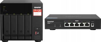 Set NAS Qnap TS-473A-8G me switch QSW-1105-5T, 4 vende disqesh, 2.5GbE, i zi