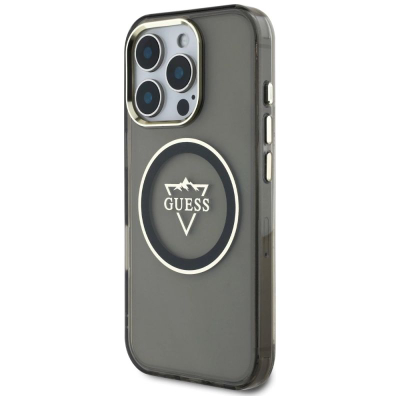 Mbulesë telefoni Guess IML Metal Mountain Logo MagSafe, për iPhone 16 Pro, transparente, e zezë