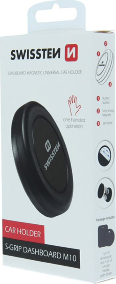 Mbajtëse magnetike për makinë Swissten S-Grip Dashboard M10, metal, me ngjitës, e zezë