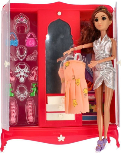 Set lodre me kukull MEGA CREATIVE 31 cm, dollap me rroba, gjerat e modes, i kuq