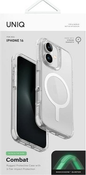 Futrollë Uniq Combat Luminous MagClick për iPhone 16 6.1", MagSafe, transparente e bardhë