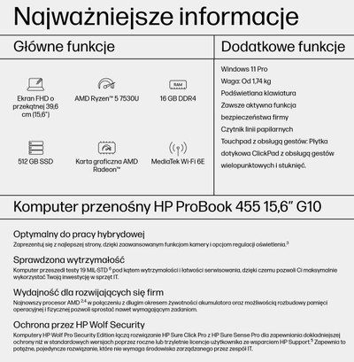 Laptop HP ProBook 455 G10, Ryzen 5 7530U, 15.6" FHD, 16GB RAM, 512GB SSD, сив