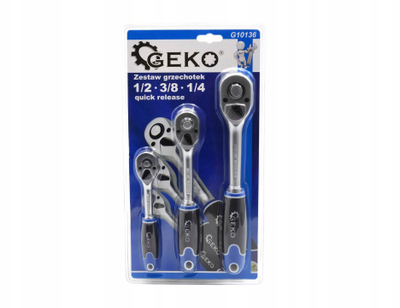 Set çelësa racë GEKO G10136, 3 copë, 1/2\" 3/8\" 1/4\", ngjyrë argjendtë