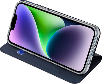 Kuti telefoni Dux Ducis Luxury Flip për iPhone 15, lëkurë PU, xhep për karta, blu e errët