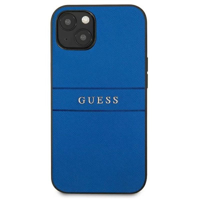 Kapak telefoni Guess Saffiano Metal Logo për iPhone 13 Mini, lëkurë ekologjike, blu