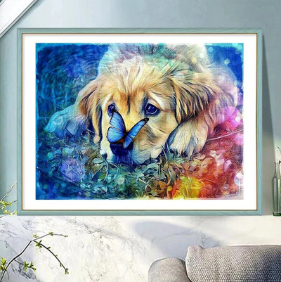 Set mozaik me diamant “Dog With Butterfly”, pikturë dekorative, shumëngjyrëshe
