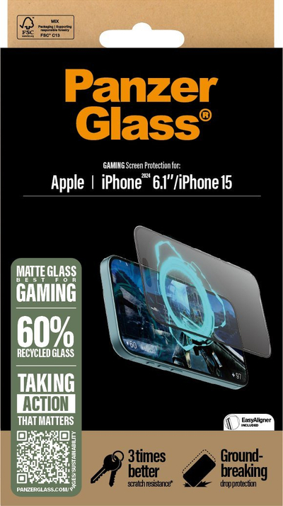 Xham mbrojtës CARE by PanzerGlass Gaming, për iPhone 16 edhe iPhone 15, transparencë e lartë