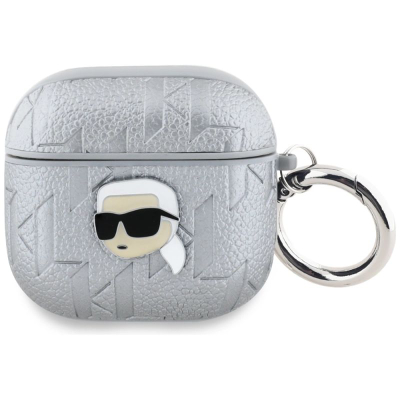 Mbulesë kufjesh Karl Lagerfeld Monogram Karl Head, për AirPods 4, me karabinë, ngjyrë argjendtë