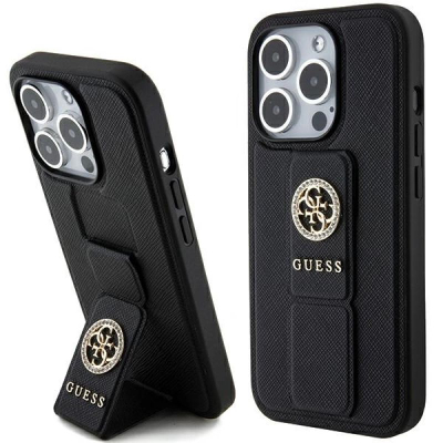 Mbrojtëse telefoni Guess Grip Stand 4G Saffiano Strass për iPhone 15 Pro Max, me mbajtëse, e zezë