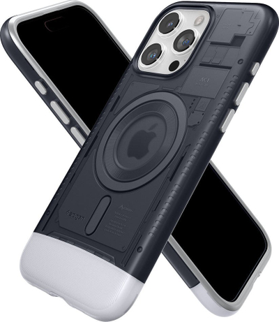 Kuti mbrojtëse Spigen Classic C1 Mag MagSafe për iPhone 15 Pro Max, gjysmë e tejdukshme, grafit