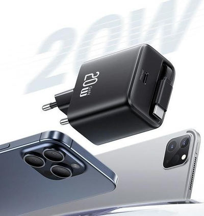 Karikues rrjeti Usams, 1x USB-C, kabllo USB-C tërheqëse, 20W PD QC, i bardhë
