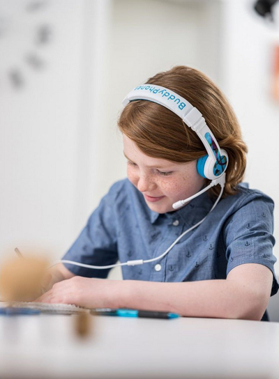 Kufje BuddyPhones School+, të kaltra/bardha