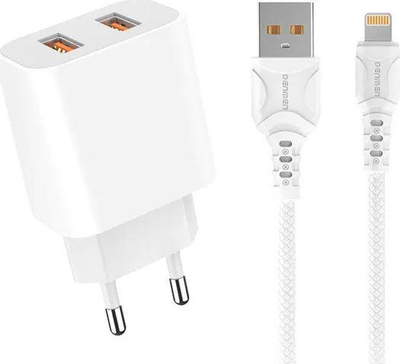 Karikues Denmen DC05 + kabllo Lightning, 2 x USB A, i bardhë