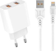 Karikues Denmen DC05 + kabllo Lightning, 2 x USB A, i bardhë