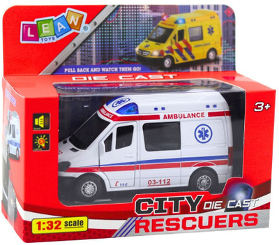 Lodër furgon autoambulancë metal, 1:32, me tërheqje mbrapa, drita edhe zhurma, e bardhë