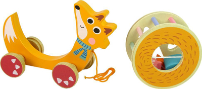 Lodër druri Muqiy Cartoon Animal, dhelpër me litar, sorter formash, portokalli