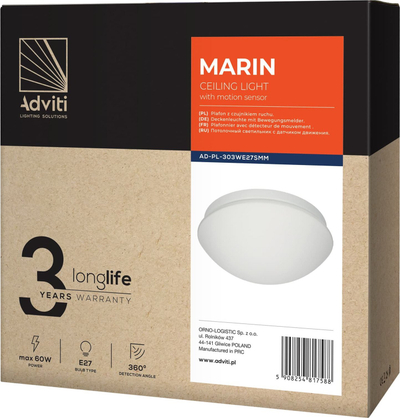 Lampë tavani Orno MARIN, 60W E27, me sensor lëvizjeje, IP44, e bardhë