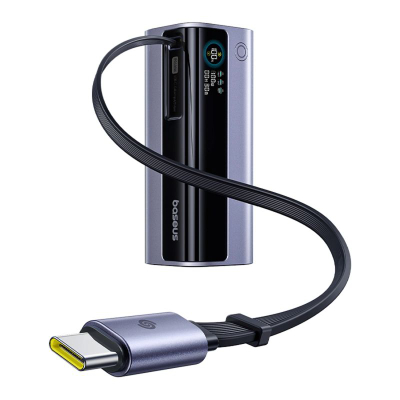 Power bank Baseus 100W, 10000mAh, me kabllo USB-C të futshme brenda, gri