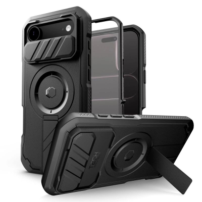 Mbrojtëse telefoni Tech-Protect Kevlar MagSafe për iPhone 17 Air, me këmbëz qëndrimi, e zezë