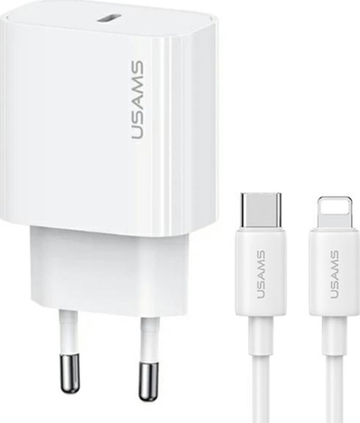 Karikues rrjeti Usams T65 US-CC226, 1xUSB-C PD 20W, kabllo USB-C Lightning 30W, i bardhë