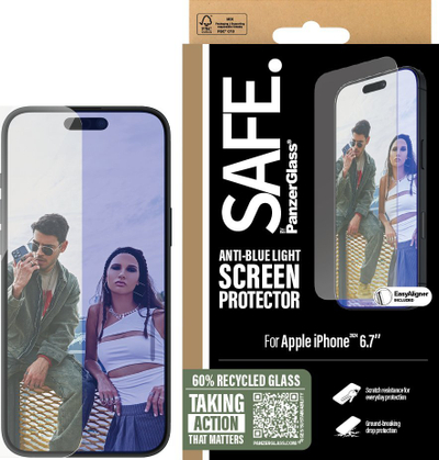 Xham mbrojtës SAFE by PanzerGlass Anti-Blue Light për iPhone 16 Plus / 15 Plus, 6.7\", transparent