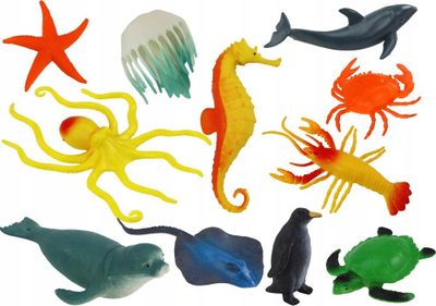 Set lodrash detare LEAN TOYS Sea Animal, 12 figura, 30.5x25x3.5cm, shumëngjyrëshe