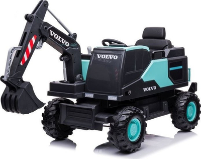 Eskavator elektrik për kalamaj Volvo, me goma të mëdhaja, me krah gërmimi që punon, i zi me jeshile