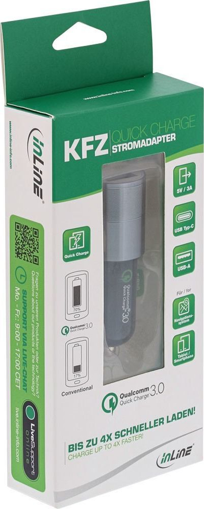 Karikues veture InLine 31502S, 1x USB A 1x USB C, 3A, i zi