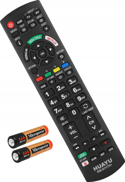 Telekomandë TV Huayu RM D1170+, universale PANASONIC, me bateri AAA, e zezë